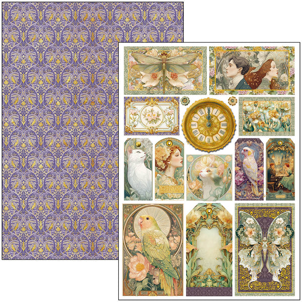 Collection of vintage-style greeting cards with artistic designs and a purple patterned paper.