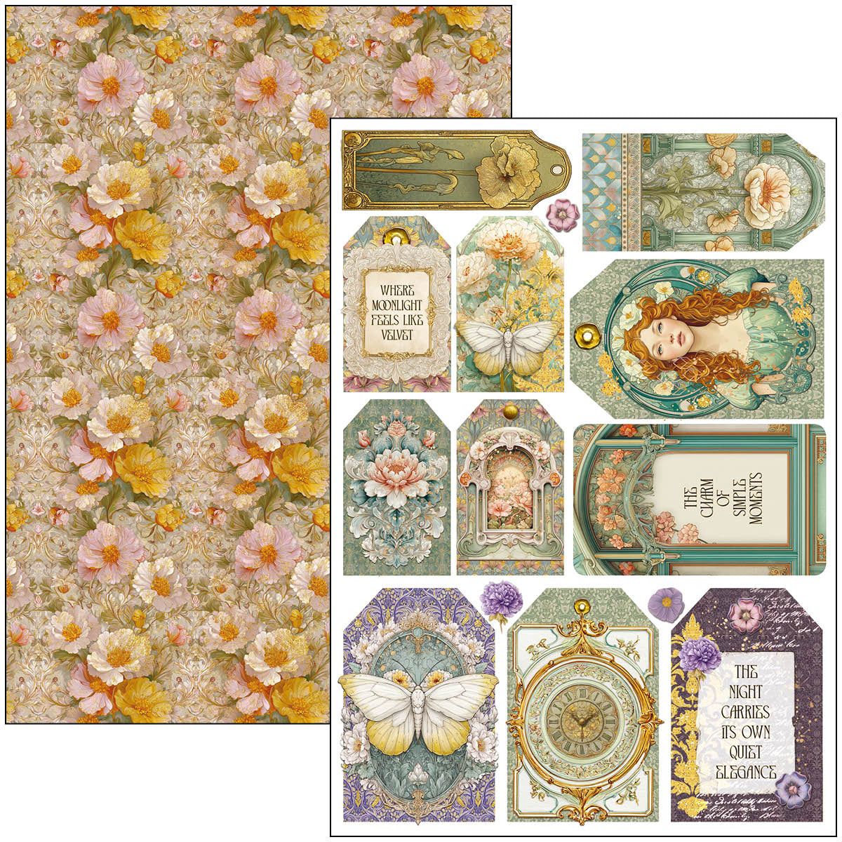 Vintage-style decorative paper with floral patterns and intricate designs.
