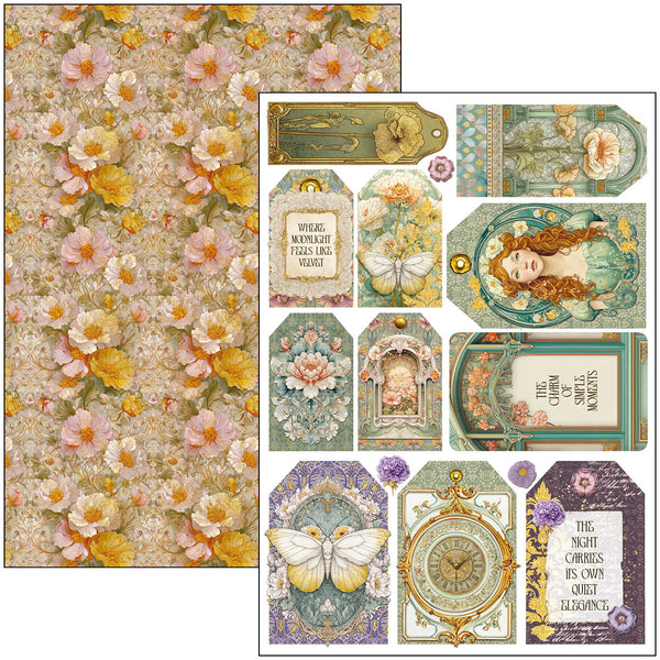 Vintage-style decorative paper with floral patterns and intricate designs.