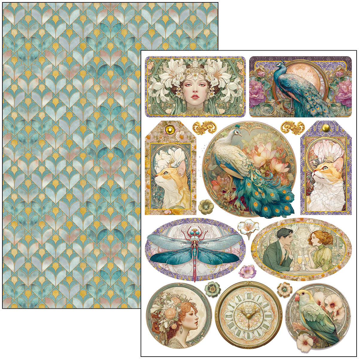 Collection of decorative elements including a patterned paper, illustrations of a woman, peacock, and other nature-themed designs.