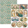 Collection of decorative elements including a patterned paper, illustrations of a woman, peacock, and other nature-themed designs.