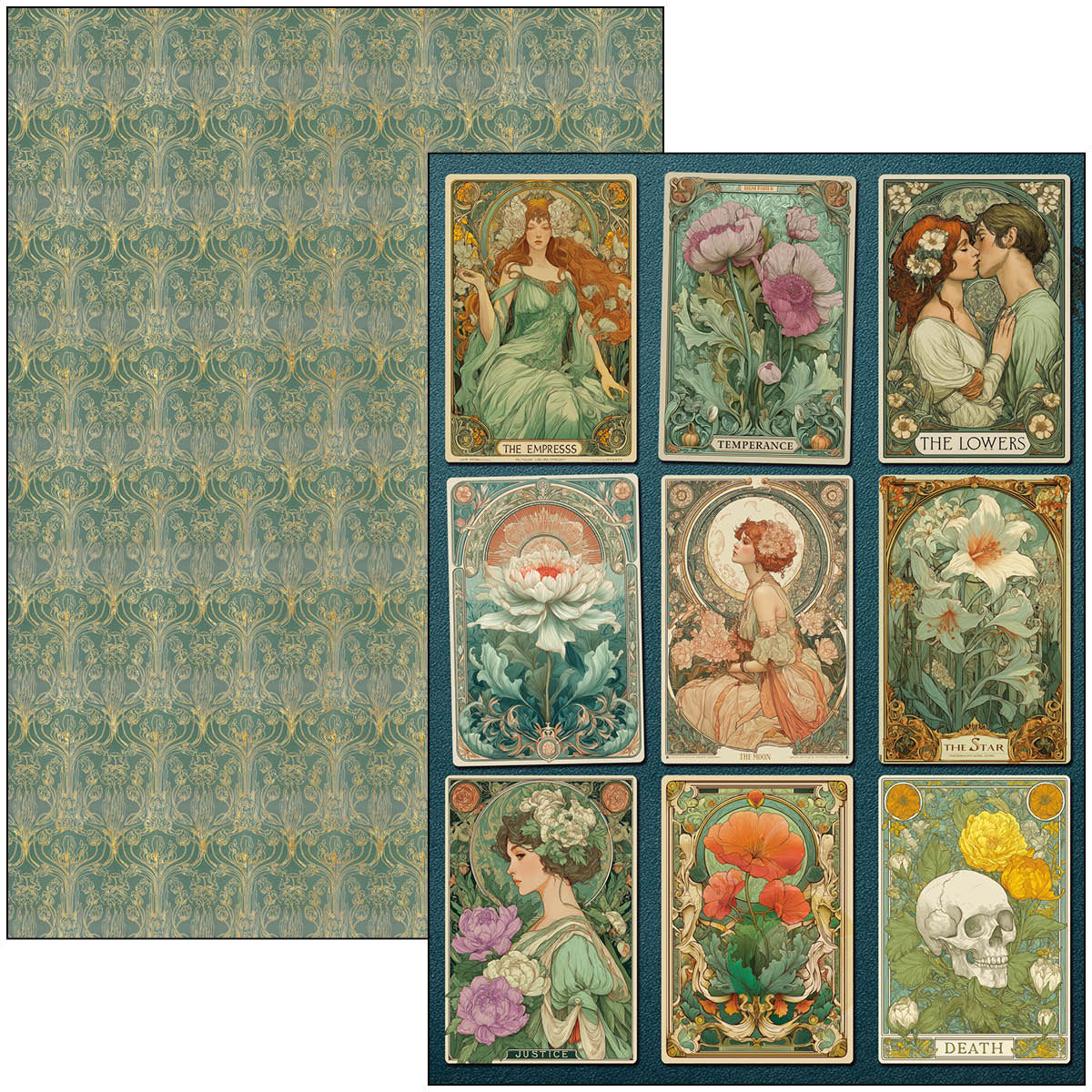 Vintage-style tarot card set with decorative border