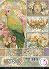 Collection of decorative paper sheets featuring a parrot, butterfly, and floral designs with 'Artemis' branding.