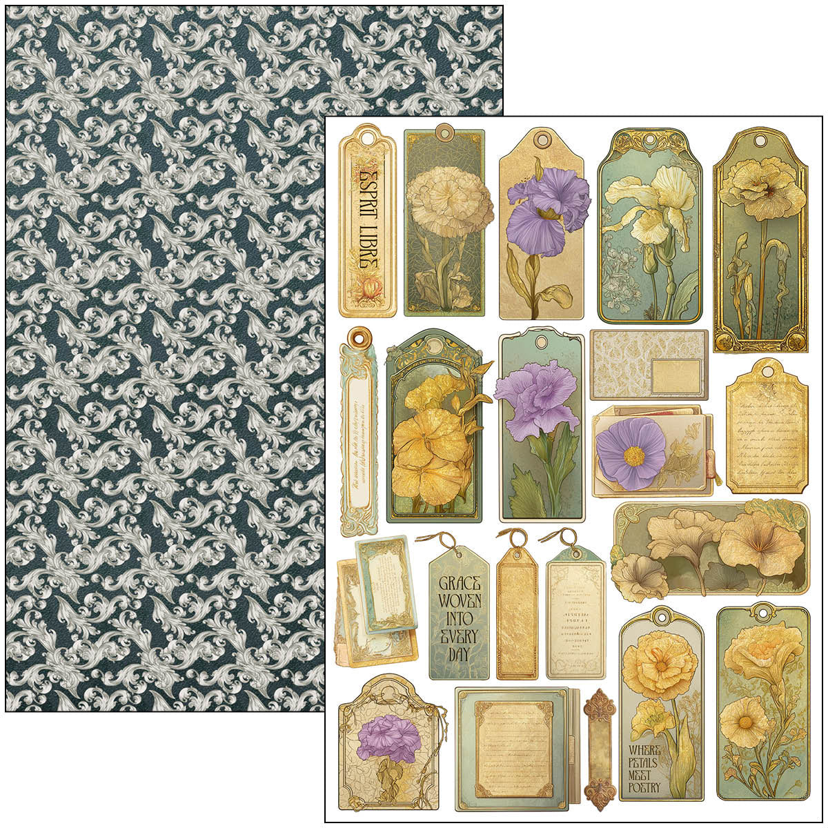 Decorative paper with floral tags and a patterned sheet on a white background