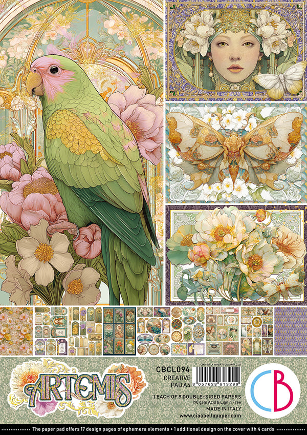 Collection of decorative paper sheets featuring a parrot, butterfly, and floral designs with 'Artemis' branding.