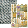 Decorative paper with floral tags and a patterned sheet on a white background
