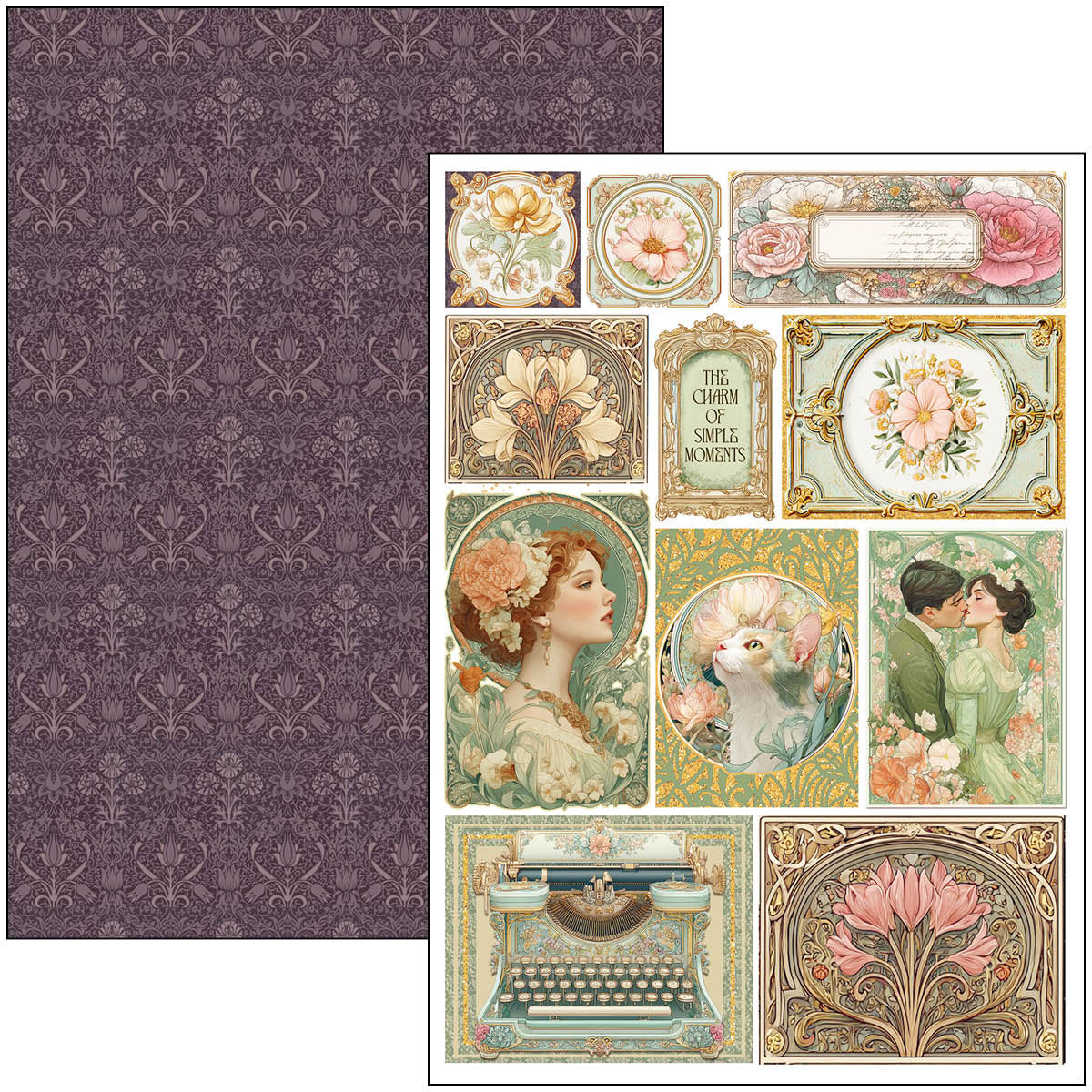 Vintage-style paper with floral and decorative elements on a white background