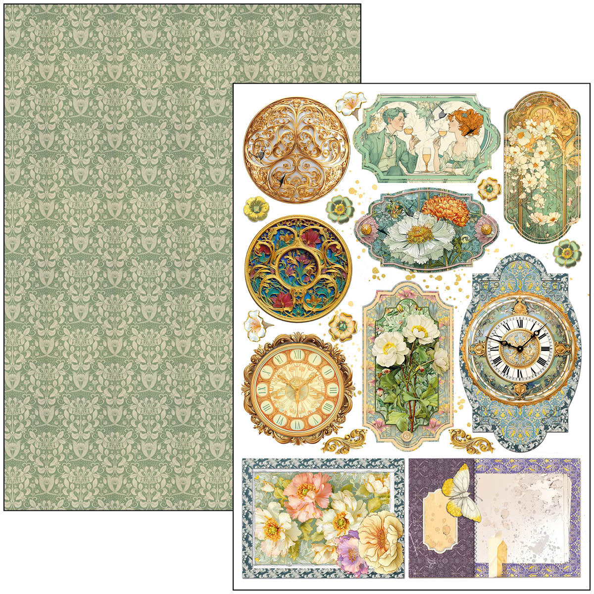 Decorative paper sheet with vintage-style clock designs and floral elements on a green patterned background.