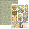 Decorative paper sheet with vintage-style clock designs and floral elements on a green patterned background.