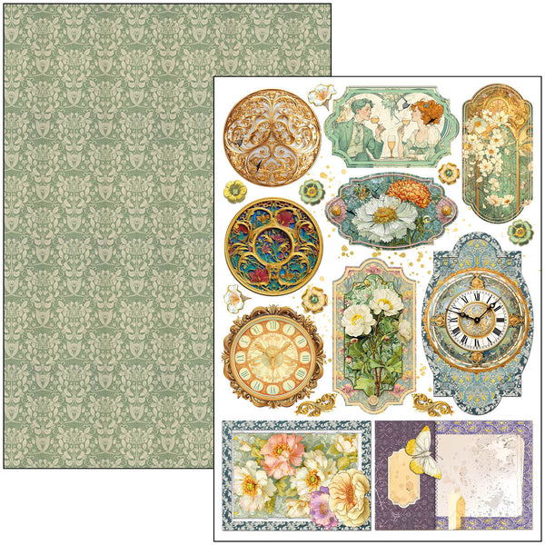 Decorative paper sheet with vintage-style clock designs and floral elements on a green patterned background.