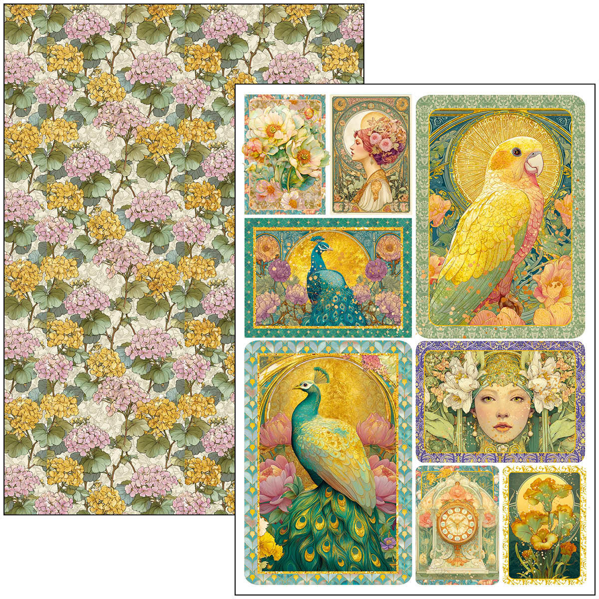 Collection of vintage-style cards with floral patterns, peacocks, and other decorative elements.
