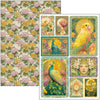 Collection of vintage-style cards with floral patterns, peacocks, and other decorative elements.
