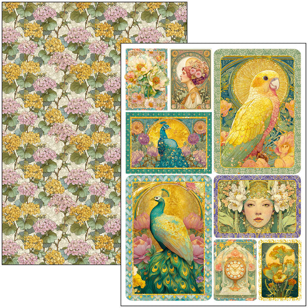 Collection of vintage-style cards with floral patterns, peacocks, and other decorative elements.