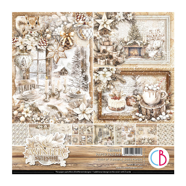 Collection of winter-themed paper sheets with decorative elements on a packaging.