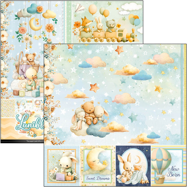 Collection of baby-themed paper sheets with illustrations of teddy bears, bunnies, and clouds on a white background.