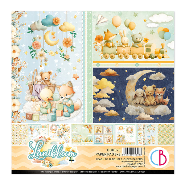 Lunibloom paper pad with teddy bears, foxes, and clouds on a blue background
