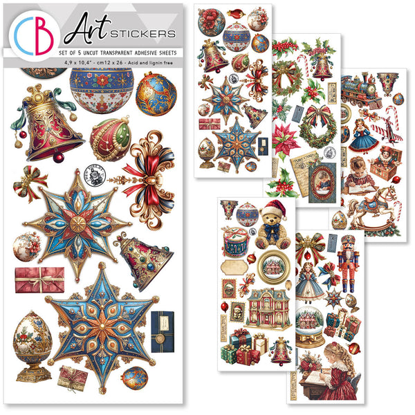 Set of Christmas-themed stickers with decorative elements on a white background