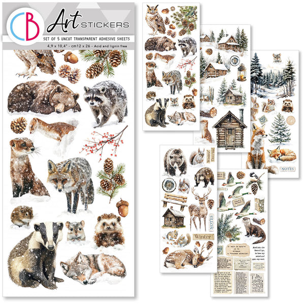 Set of nature-themed stickers featuring animals and landscapes on transparent adhesive sheets.