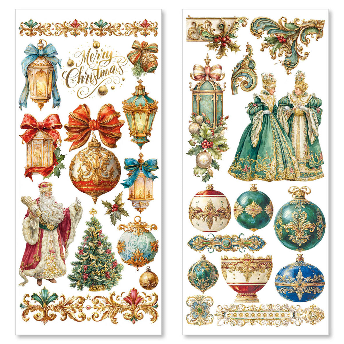 Decorative Christmas stickers with Santa Claus, ornaments, and classical figures on a white background.
