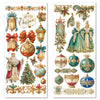Decorative Christmas stickers with Santa Claus, ornaments, and classical figures on a white background.