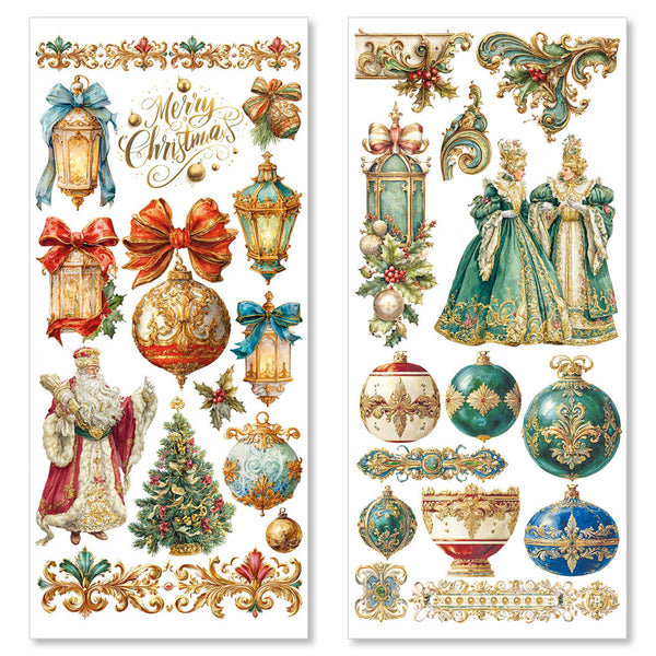 Decorative Christmas stickers with Santa Claus, ornaments, and classical figures on a white background.