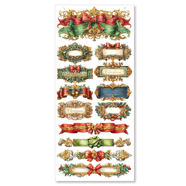 Decorative Christmas stickers with ribbons and text on a white background