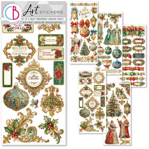 Collection of Christmas-themed stickers with decorative elements on a white background