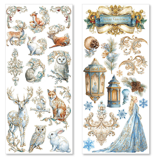 Decorative paper sheets with animals, lanterns, and ornaments on a white background