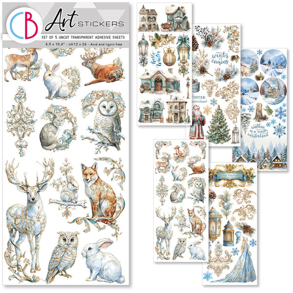 Set of winter-themed stickers with animals, buildings, and nature elements on transparent adhesive sheets.