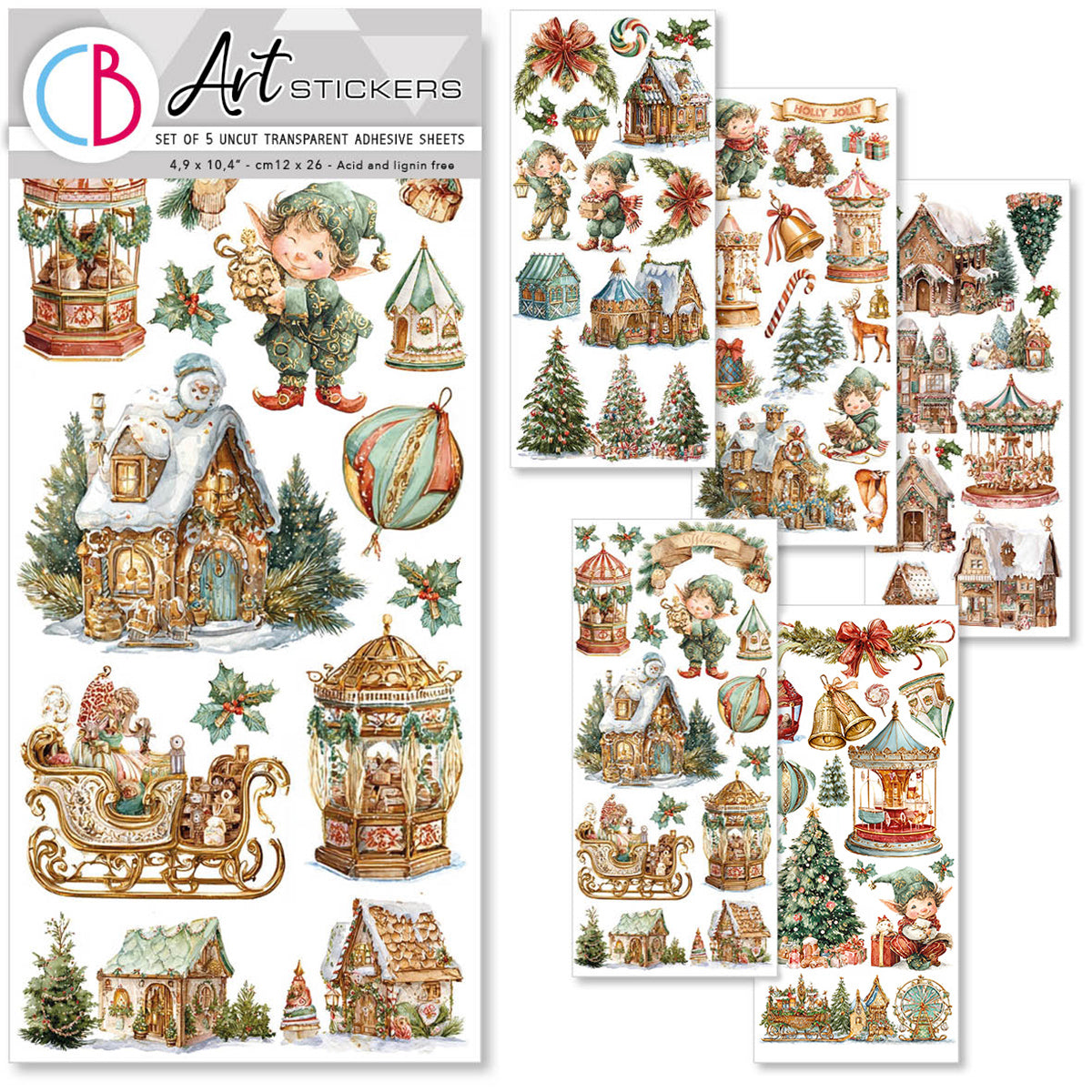 Christmas-themed stickers with houses, trees, and other festive elements on a white background.