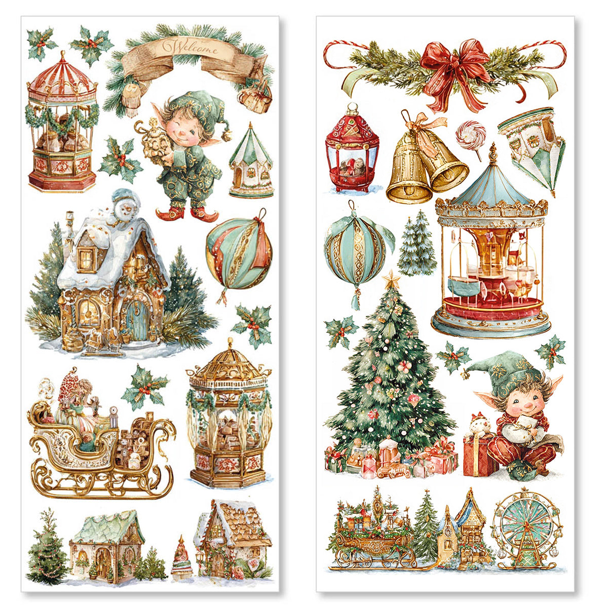 Two Christmas-themed sticker sheets with festive elements like a carousel, trees, and houses.