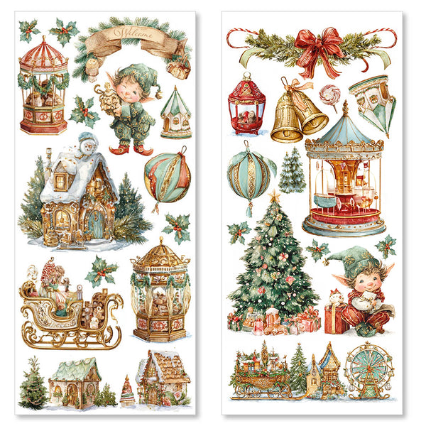 Two Christmas-themed sticker sheets with festive elements like a carousel, trees, and houses.