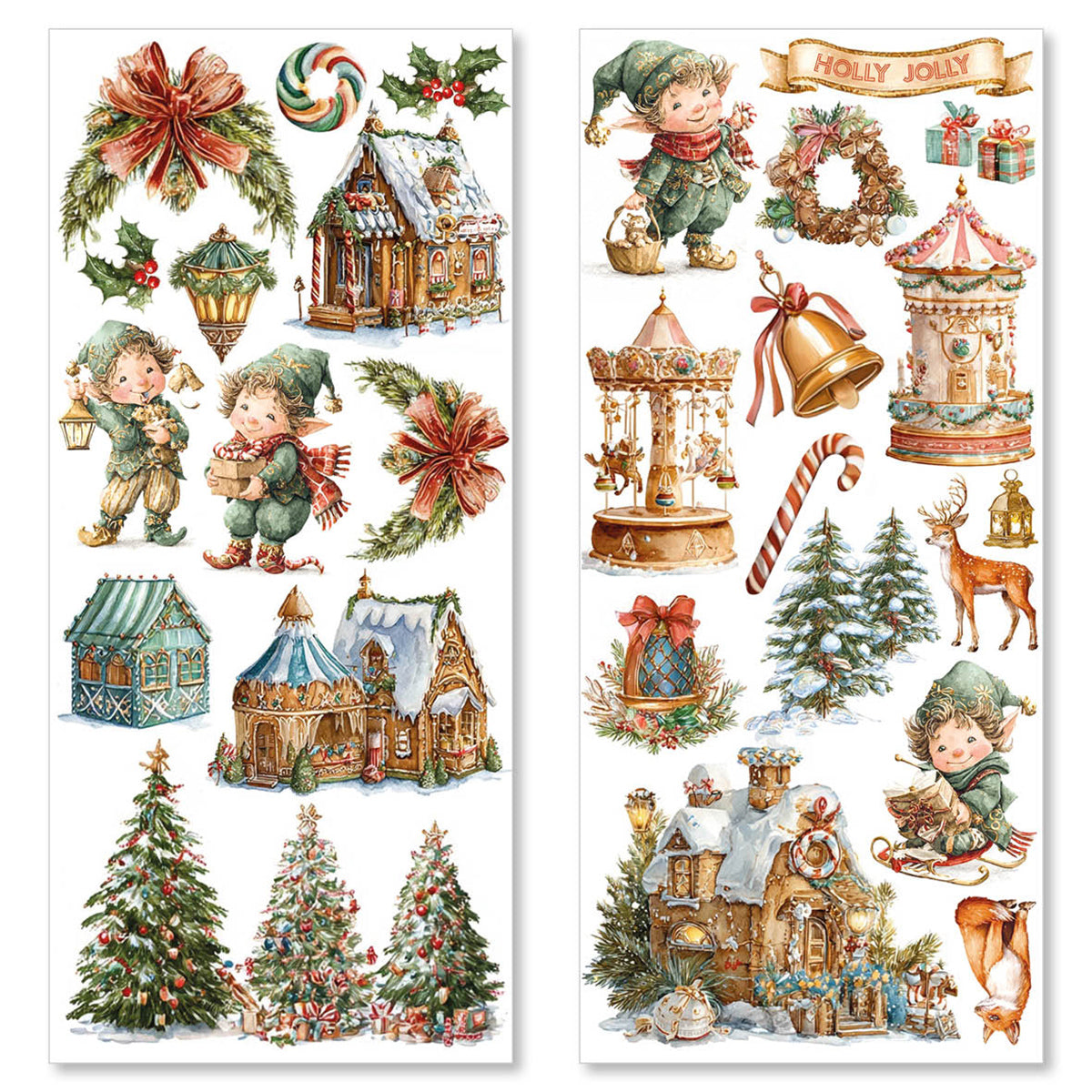 Set of Christmas-themed stickers featuring elves, houses, trees, and other festive elements on a white background.