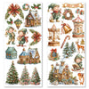 Set of Christmas-themed stickers featuring elves, houses, trees, and other festive elements on a white background.