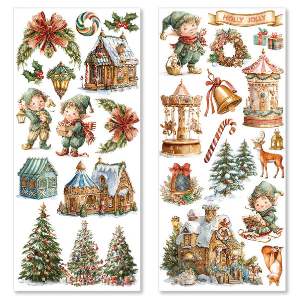 Set of Christmas-themed stickers featuring elves, houses, trees, and other festive elements on a white background.