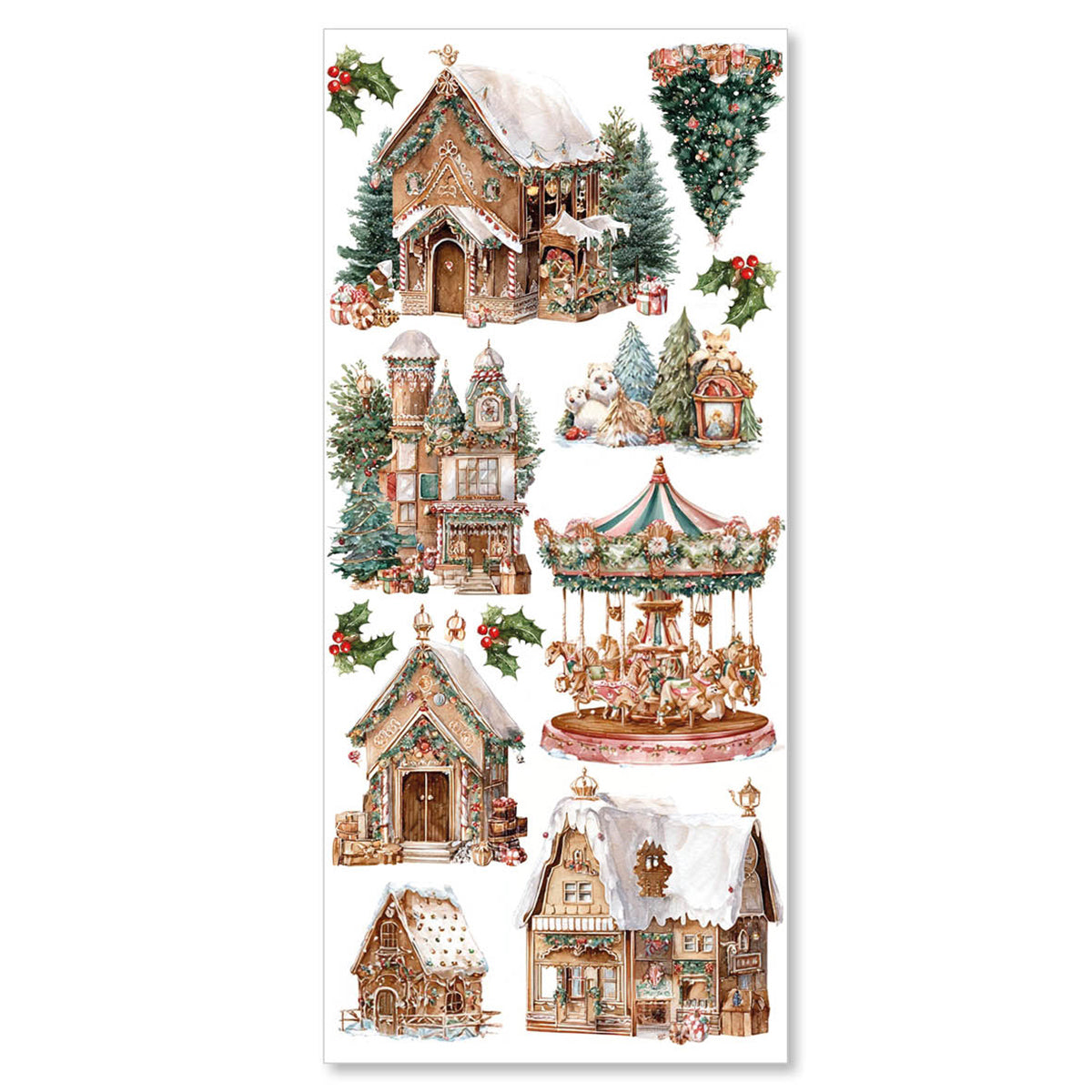 Sheet of Christmas-themed stickers featuring houses and a carousel on a white background