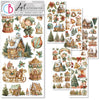 Christmas-themed stickers with houses, trees, and other festive elements on a white background.