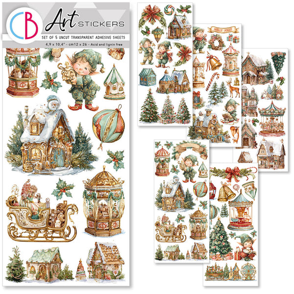 Christmas-themed stickers with houses, trees, and other festive elements on a white background.