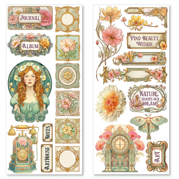 Collection of vintage-style decorative elements including flowers, text, and illustrations on a white background.