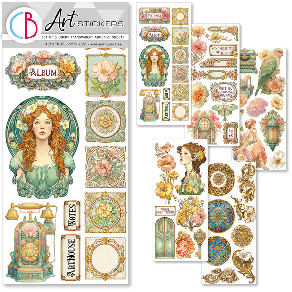 Set of vintage-style art stickers with decorative elements and illustrations on a white background.