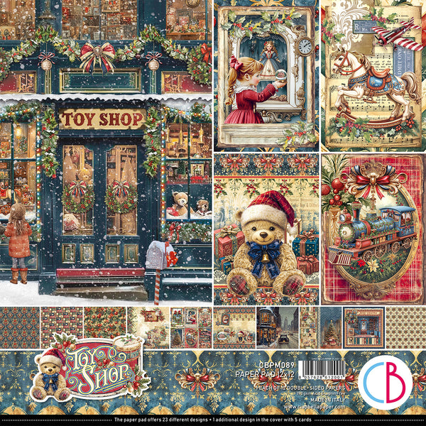 Collage of Christmas-themed paper designs featuring a toy shop, teddy bear, and vintage train.