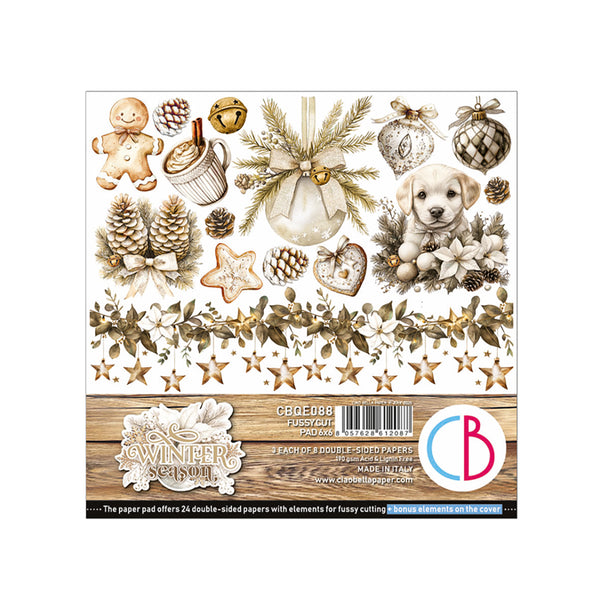 Collection of Christmas-themed paper cutouts with a dog, ornaments, and other festive elements on a white background.