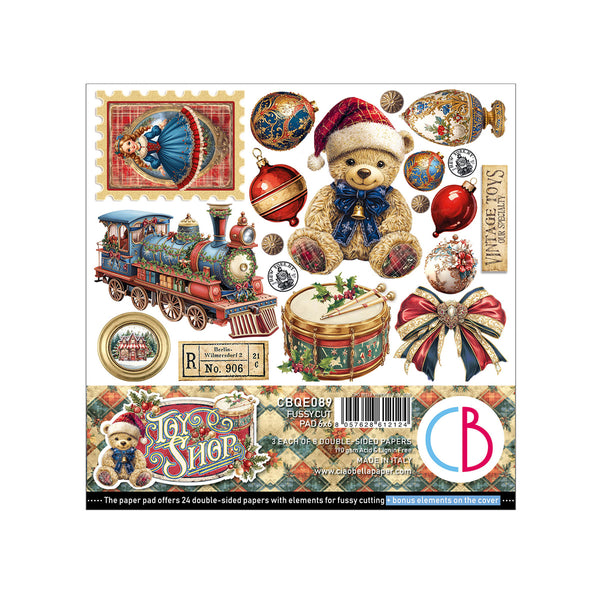 Collection of Christmas-themed paper cutouts including a teddy bear, train, and ornaments on a white background.