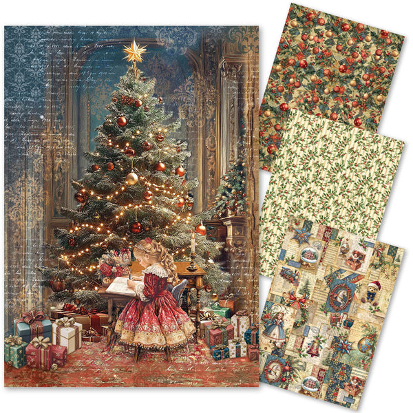 Christmas-themed paper with a decorated tree and child, surrounded by patterned sheets.