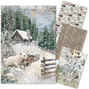 Set of winter-themed paper sheets with a snowy landscape, cabin, and animals.