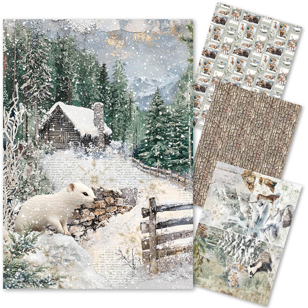 Set of winter-themed paper sheets with a snowy landscape, cabin, and animals.