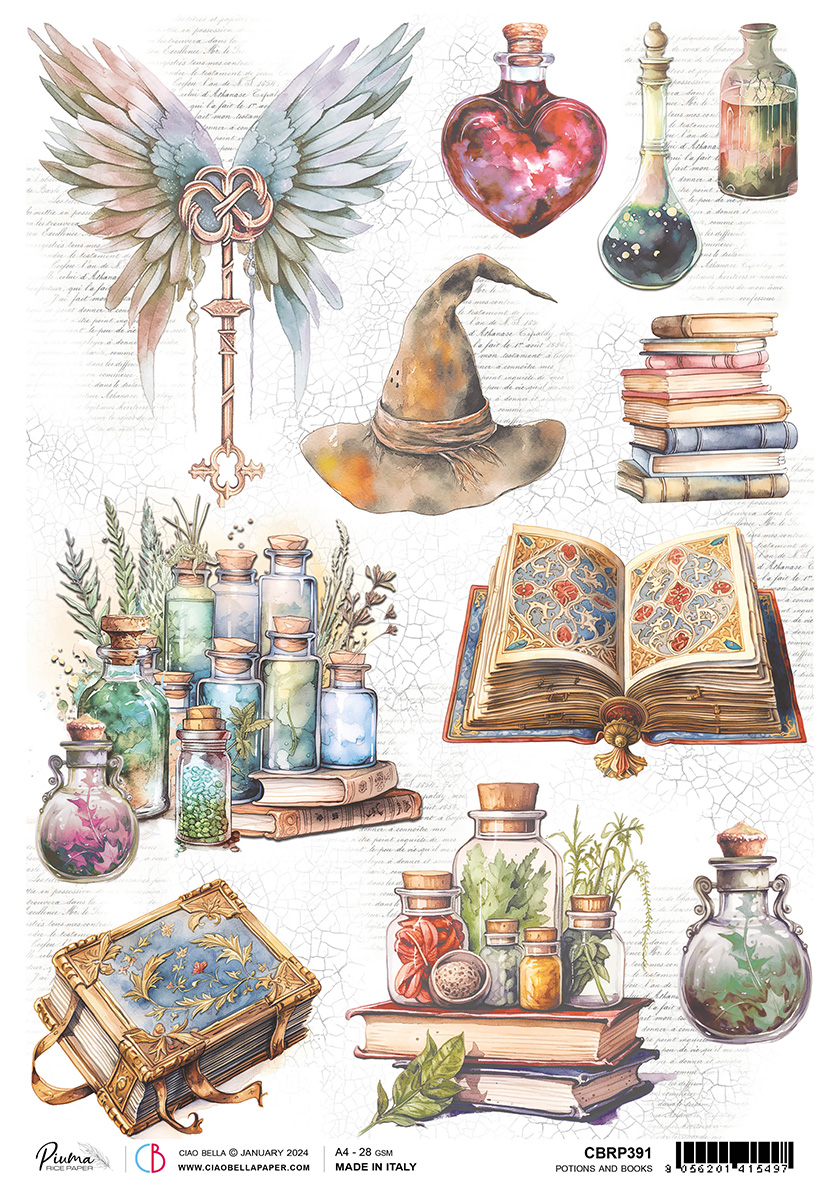 Ciao Bella WIZARD ACADEMY Potions and Books A4 Rice Paper Mixed Media #CBRP391