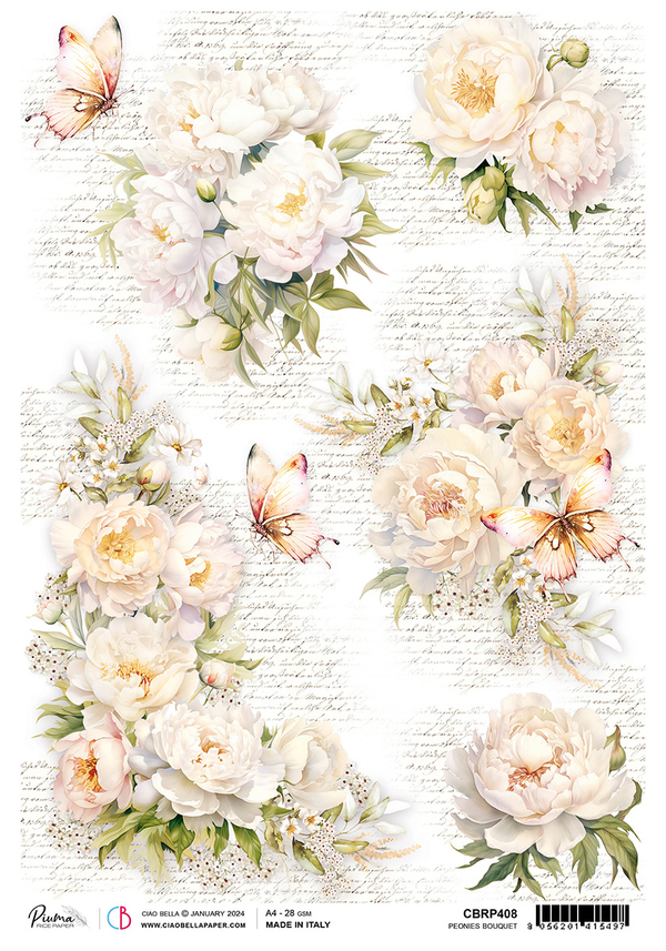 Ciao Bella ALWAYS & FOREVER Peonies Bouquet Rice Paper A4 Mixed Media #CBRP408