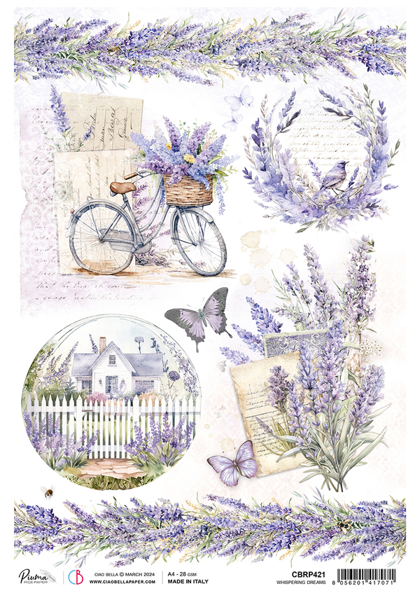 Ciao Bella PROVENCE WHISPERING DREAMS Lavender A4 Rice Paper Decoupage #CBRP421