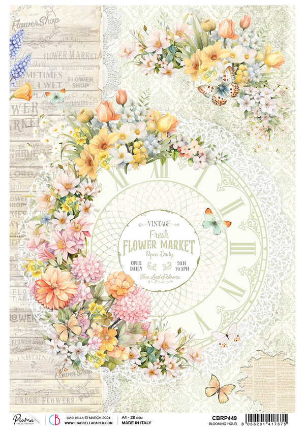 Ciao Bella Flower Shop BLOOMING HOUR A4 Rice Paper Decoupage #CBRP449